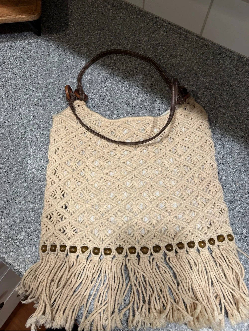 Woven Fringe Shoulder Bag in Cream with Brown Handles